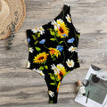 Sunflower Chamomile Pattern Print One Shoulder Bodysuit