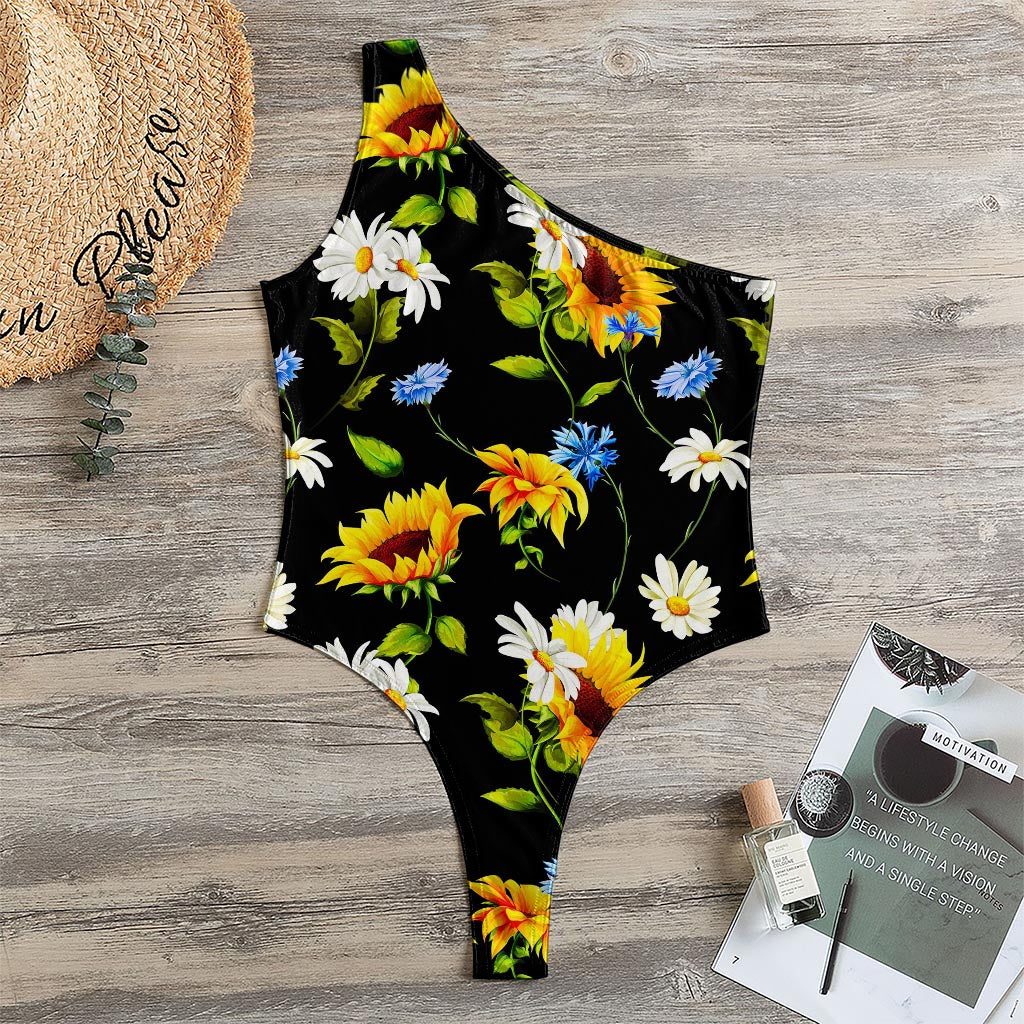 Sunflower Chamomile Pattern Print One Shoulder Bodysuit