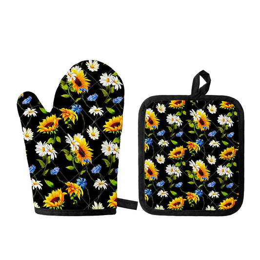 Sunflower Chamomile Pattern Print Oven Mitt And Pot Holder Set