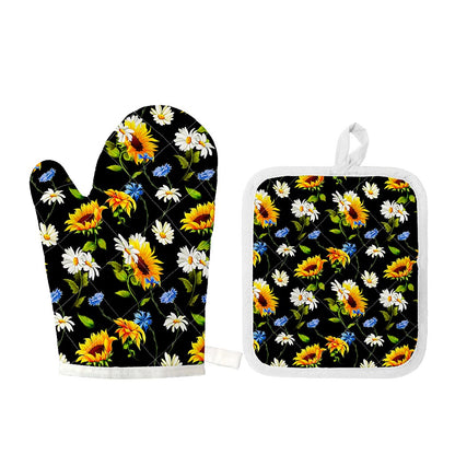 Sunflower Chamomile Pattern Print Oven Mitt And Pot Holder Set