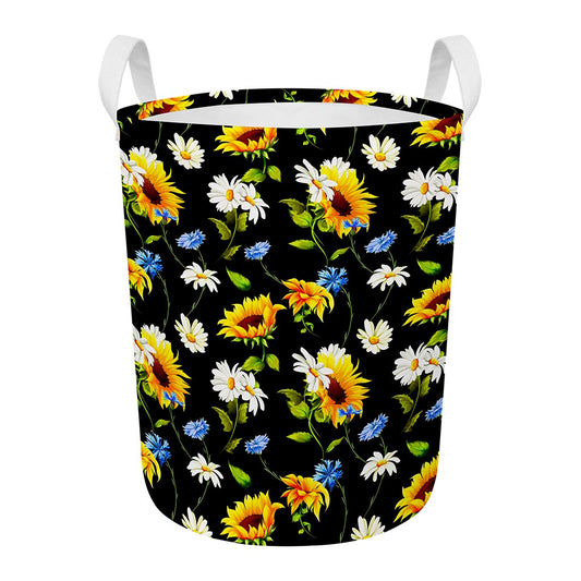 Sunflower Chamomile Pattern Print Round Laundry Basket