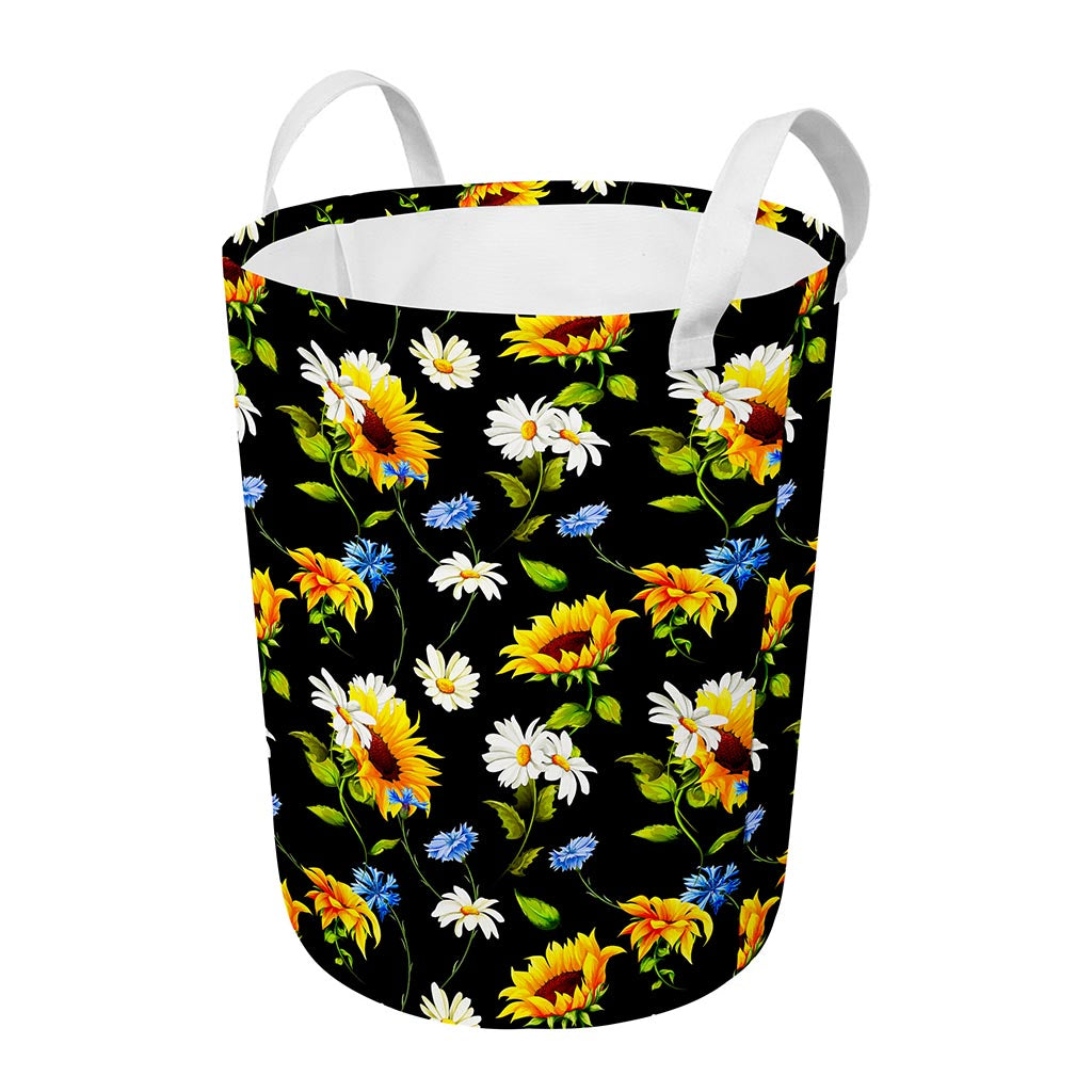 Sunflower Chamomile Pattern Print Round Laundry Basket