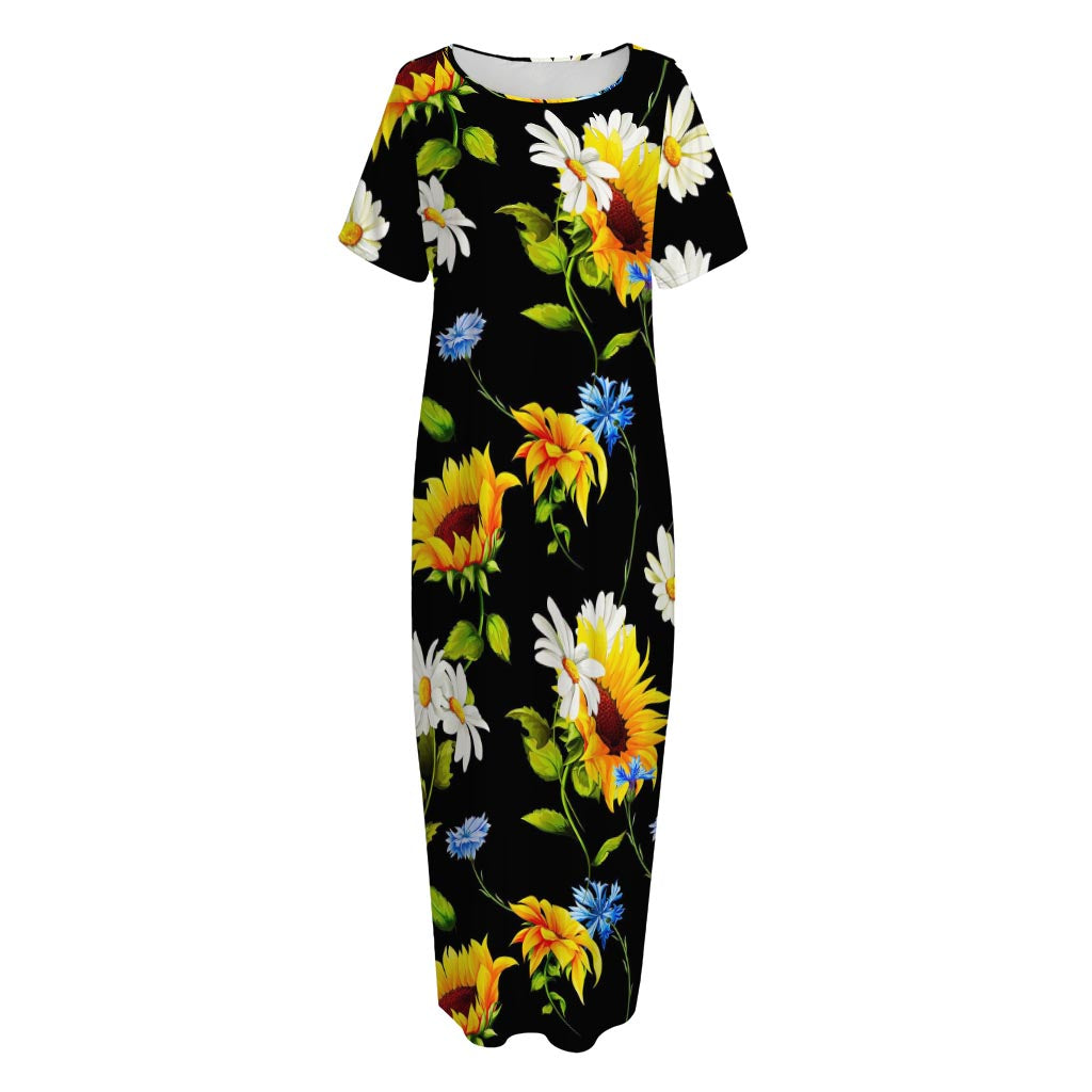 Sunflower Chamomile Pattern Print Short Sleeve Long Nightdress