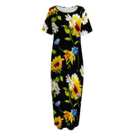 Sunflower Chamomile Pattern Print Short Sleeve Long Nightdress