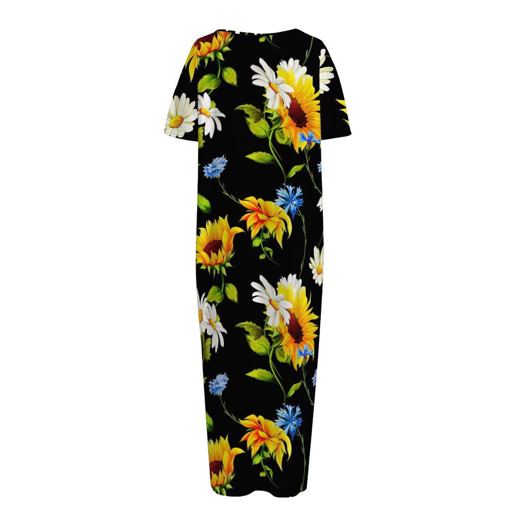 Sunflower Chamomile Pattern Print Short Sleeve Long Nightdress