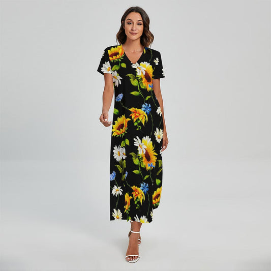 Sunflower Chamomile Pattern Print Short Sleeve Maxi Dress