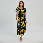 Sunflower Chamomile Pattern Print Short Sleeve Maxi Dress