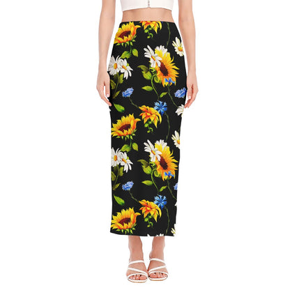 Sunflower Chamomile Pattern Print Side Slit Maxi Skirt