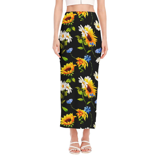 Sunflower Chamomile Pattern Print Side Slit Maxi Skirt