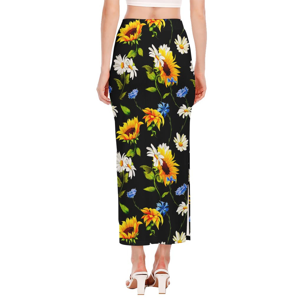 Sunflower Chamomile Pattern Print Side Slit Maxi Skirt