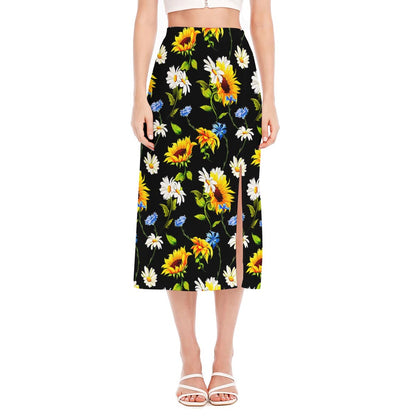 Sunflower Chamomile Pattern Print Side Slit Midi Skirt