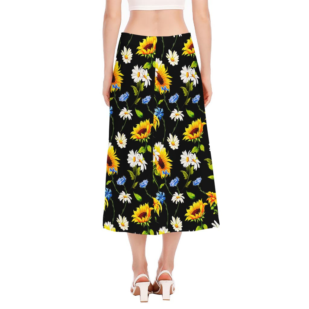 Sunflower Chamomile Pattern Print Side Slit Midi Skirt