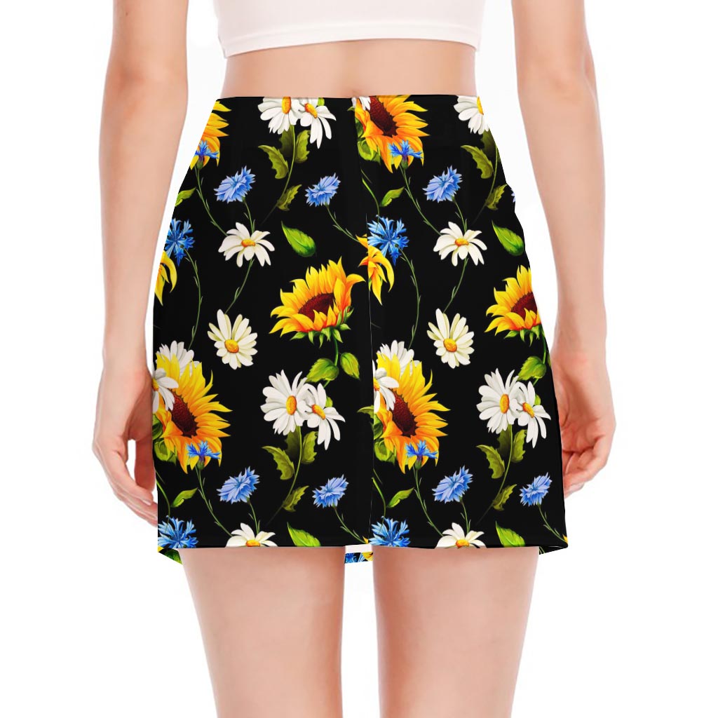 Sunflower Chamomile Pattern Print Side Slit Mini Skirt
