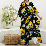 Sunflower Chamomile Pattern Print Silk V-Neck Kaftan Dress