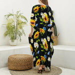 Sunflower Chamomile Pattern Print Silk V-Neck Kaftan Dress