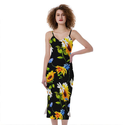 Sunflower Chamomile Pattern Print Slim Fit Midi Cami Dress