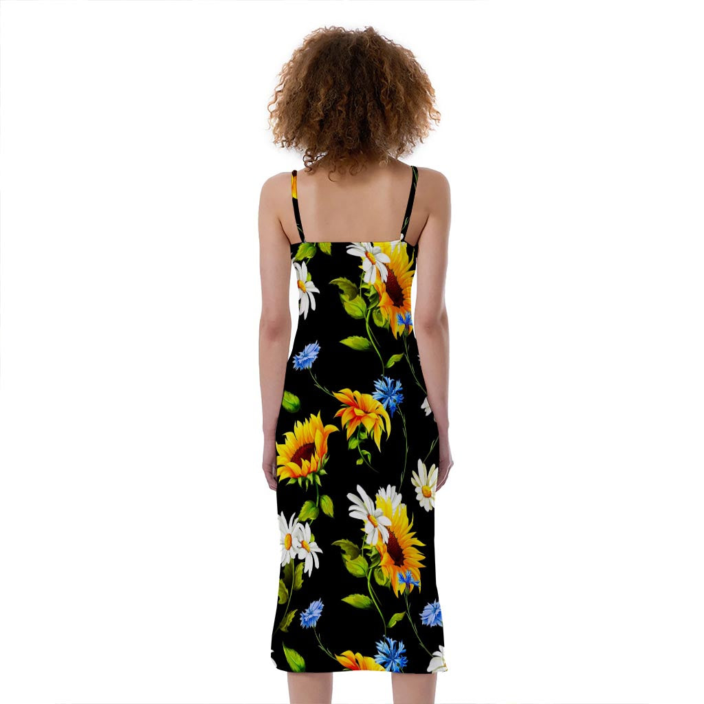 Sunflower Chamomile Pattern Print Slim Fit Midi Cami Dress