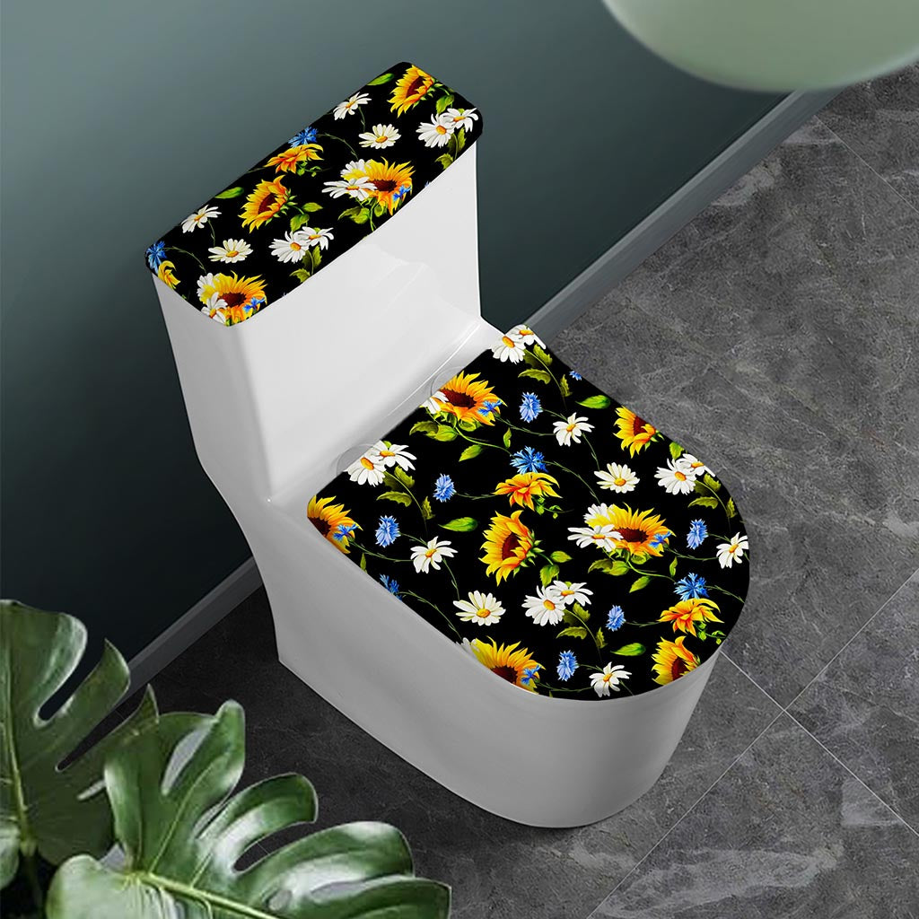 Sunflower Chamomile Pattern Print Toilet Lid And Tank Cover Set