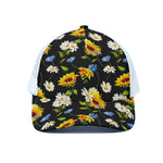 Sunflower Chamomile Pattern Print White Mesh Trucker Cap