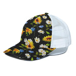 Sunflower Chamomile Pattern Print White Mesh Trucker Cap