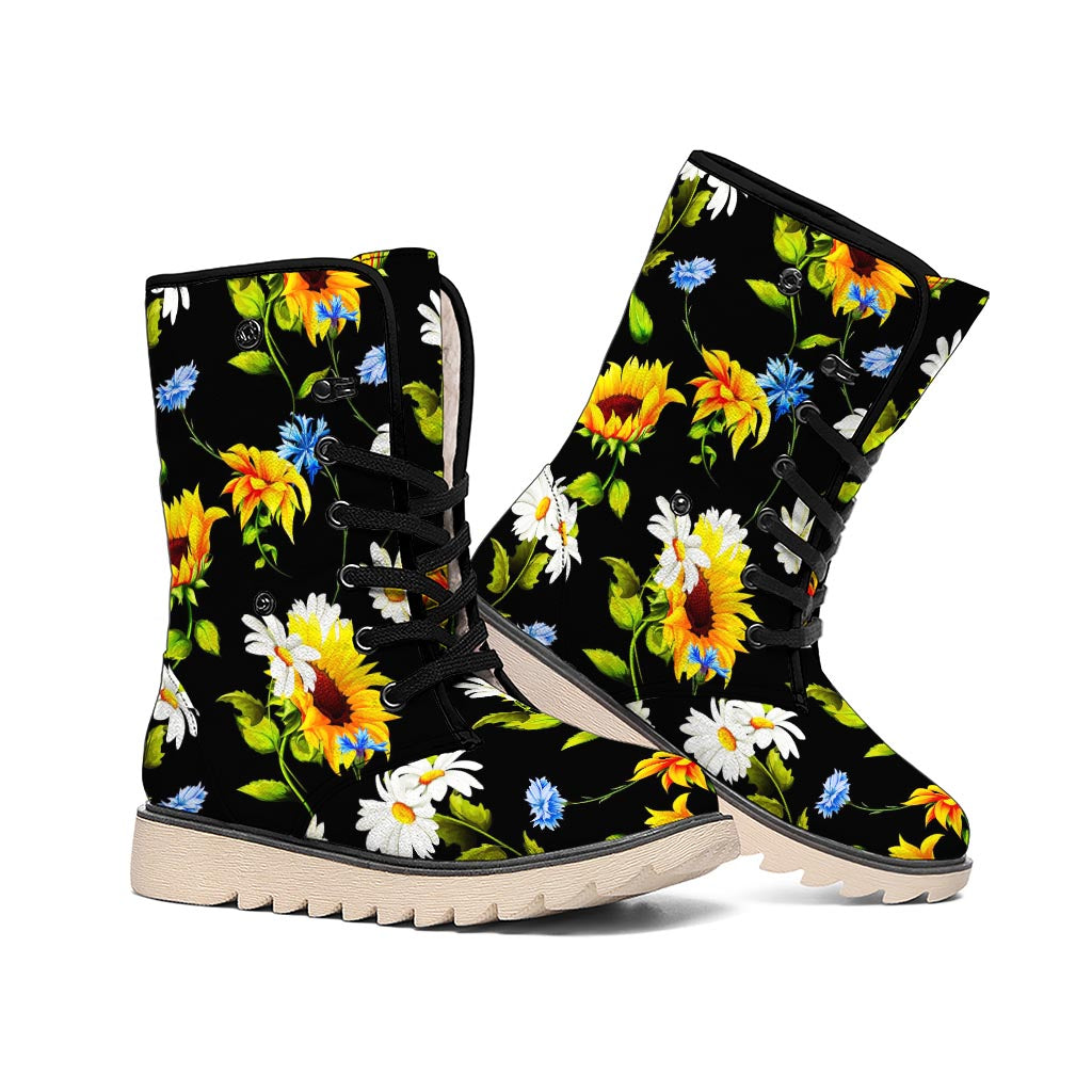 Sunflower Chamomile Pattern Print Winter Boots