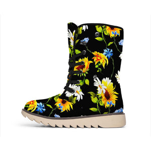 Sunflower Chamomile Pattern Print Winter Boots