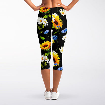 Sunflower Chamomile Pattern Print Women's Capri Leggings