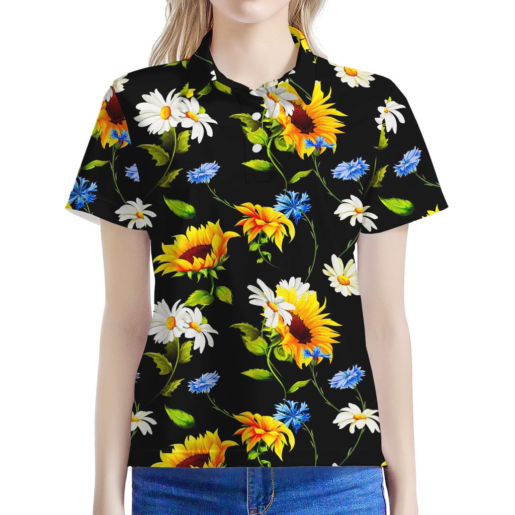 Sunflower Chamomile Pattern Print Women's Polo Shirt