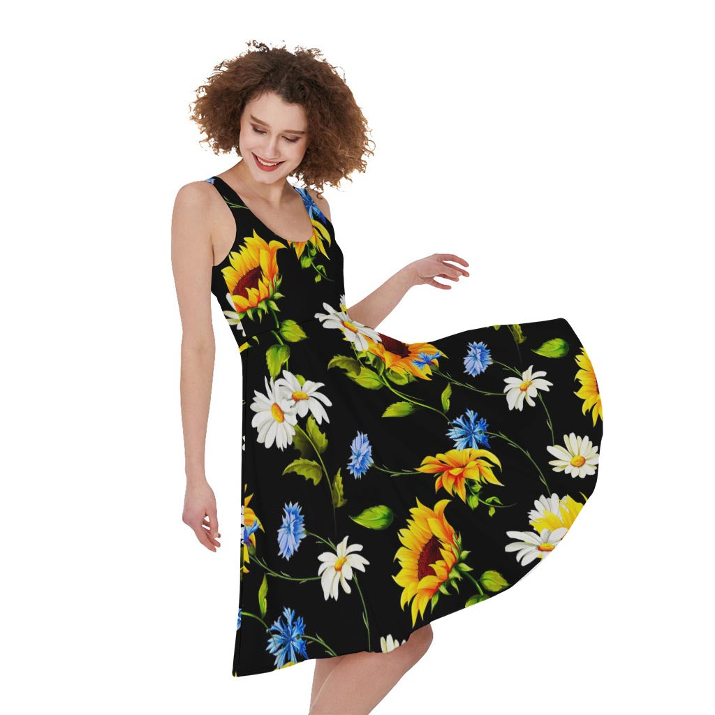 Sunflower Chamomile Pattern Print Women's Sleeveless Dress