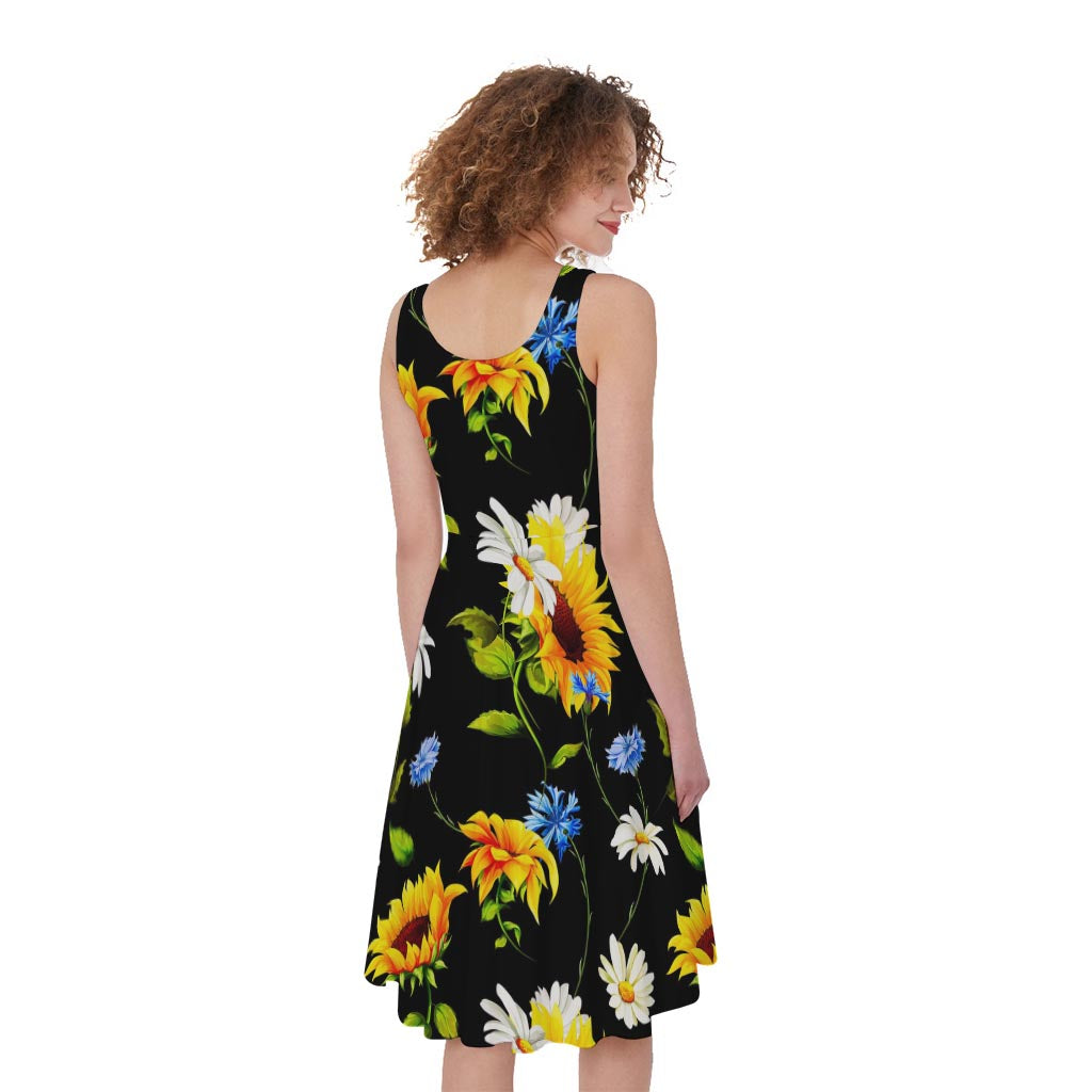 Sunflower Chamomile Pattern Print Women's Sleeveless Dress