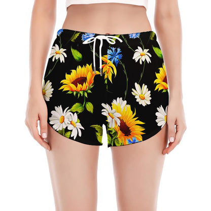 Sunflower Chamomile Pattern Print Women's Split Running Shorts