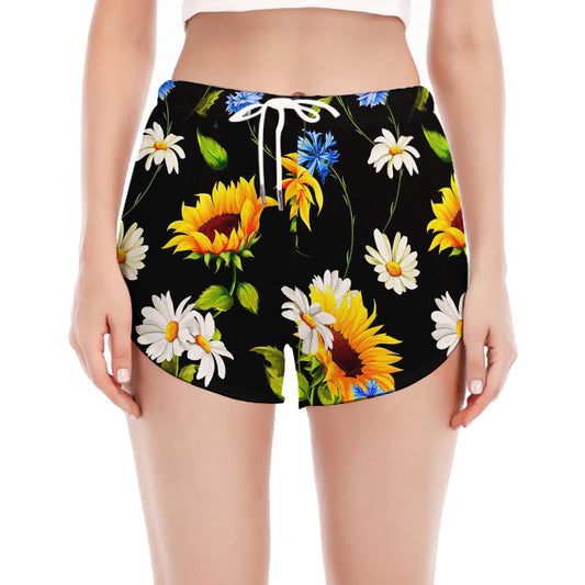 Sunflower Chamomile Pattern Print Women's Split Running Shorts