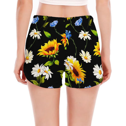 Sunflower Chamomile Pattern Print Women's Split Running Shorts