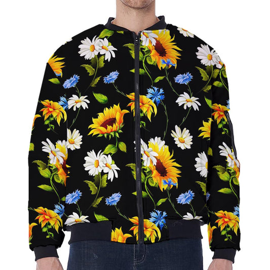 Sunflower Chamomile Pattern Print Zip Sleeve Bomber Jacket