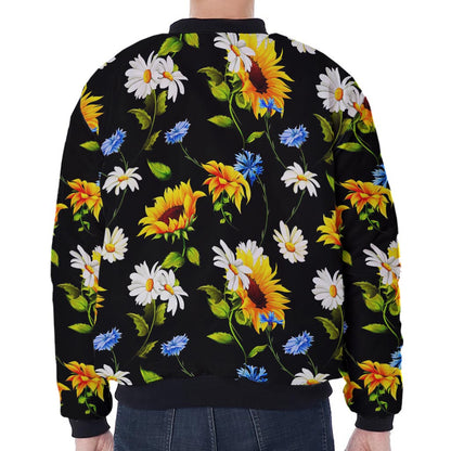 Sunflower Chamomile Pattern Print Zip Sleeve Bomber Jacket
