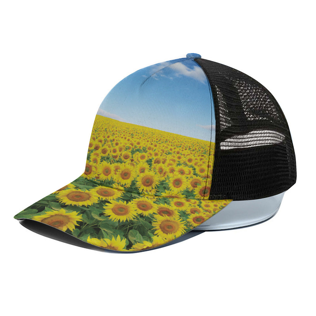 Sunflower Field Print Black Mesh Trucker Cap