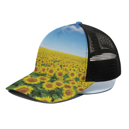Sunflower Field Print Black Mesh Trucker Cap