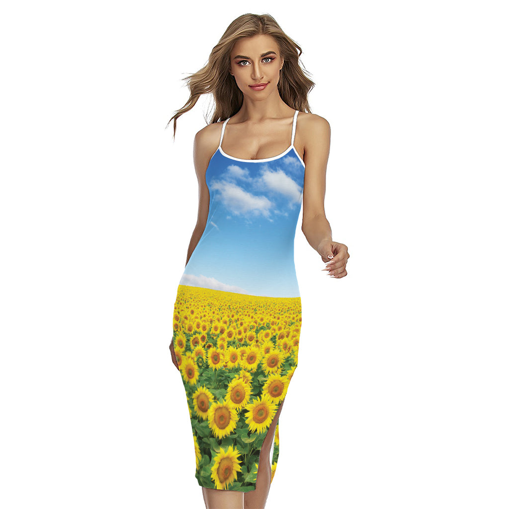 Sunflower Field Print Cross Back Cami Dress