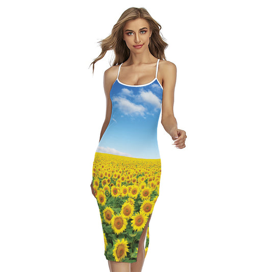 Sunflower Field Print Cross Back Cami Dress