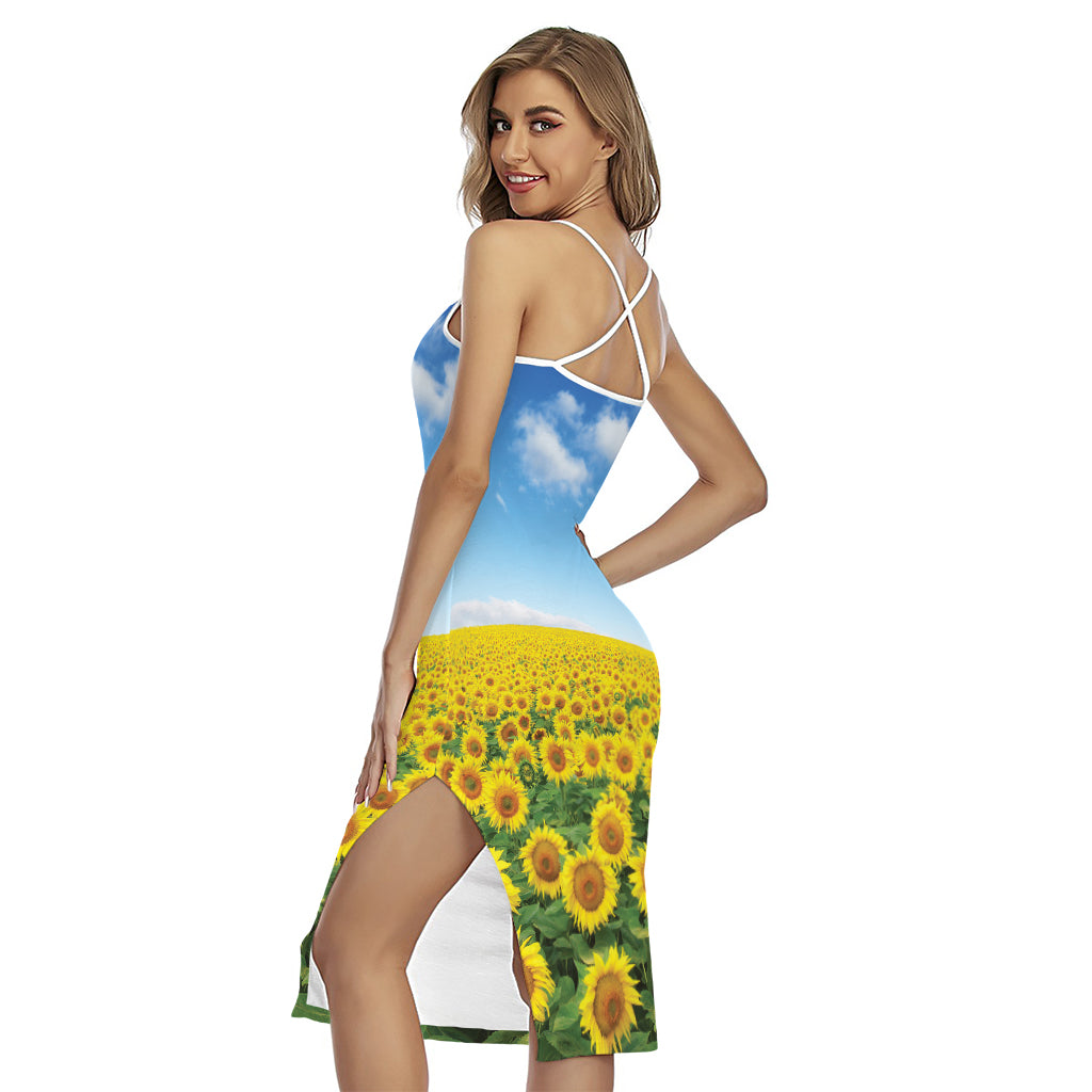 Sunflower Field Print Cross Back Cami Dress