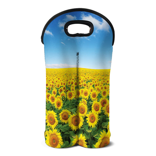Sunflower Field Print Double Neoprene Wine Tote