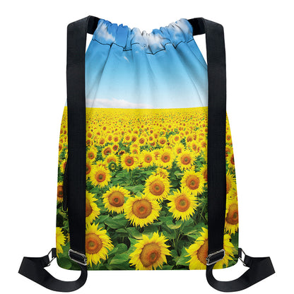 Sunflower Field Print Drawstring Backpack