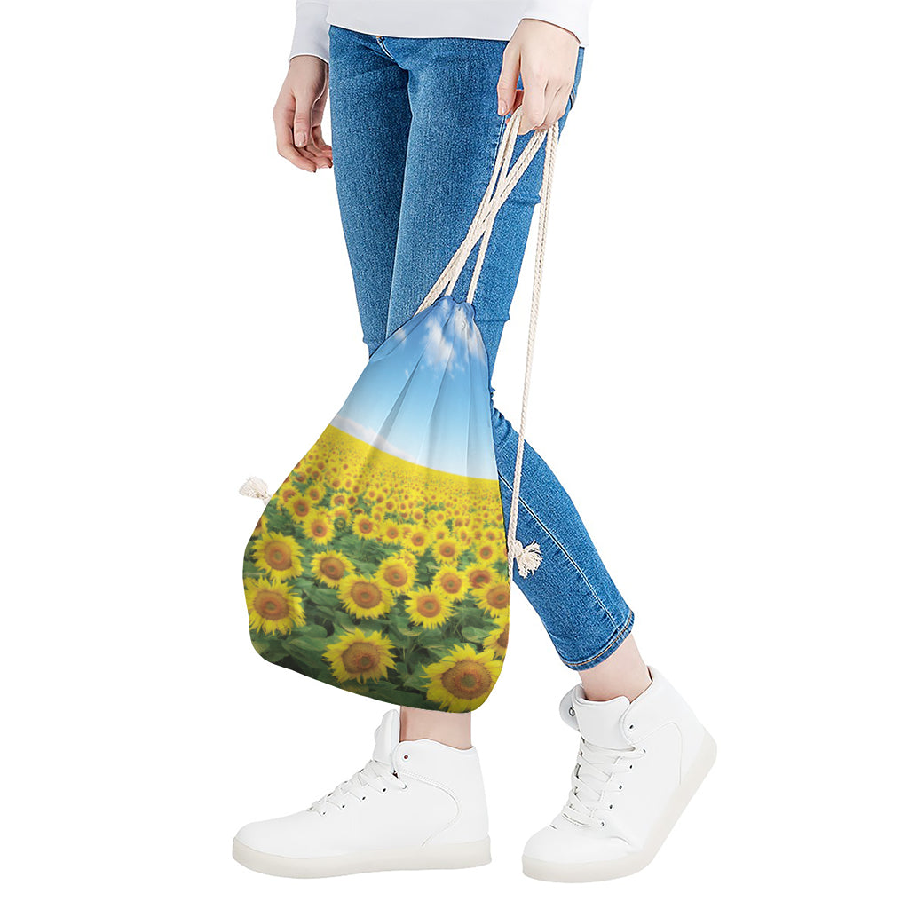Sunflower Field Print Drawstring Bag