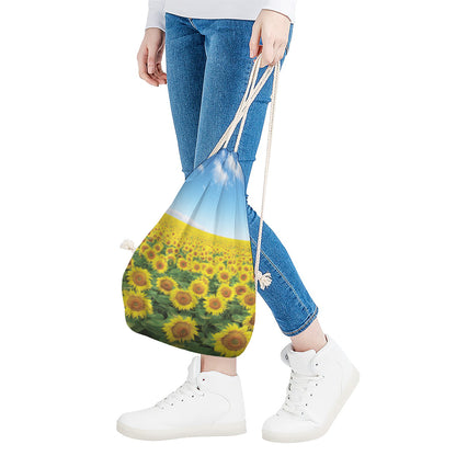 Sunflower Field Print Drawstring Bag