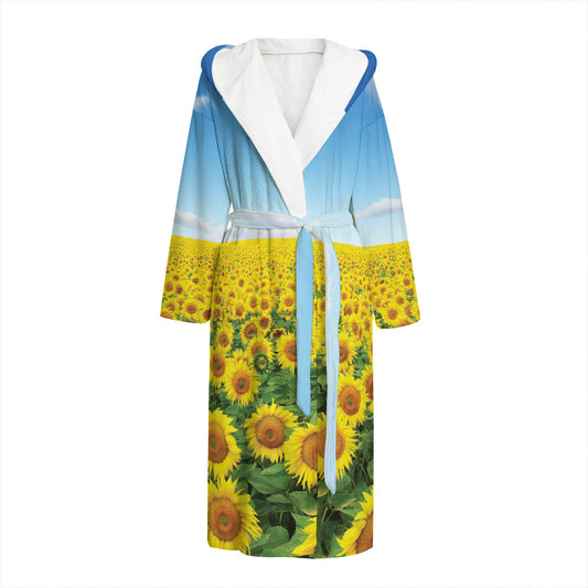Sunflower Field Print Hooded Bathrobe