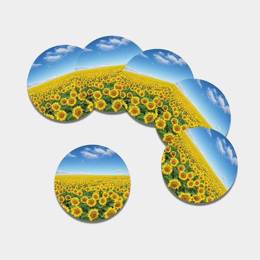 Sunflower Field Print Leather Coaster Set