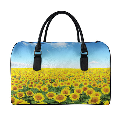 Sunflower Field Print Leather Duffle Bag