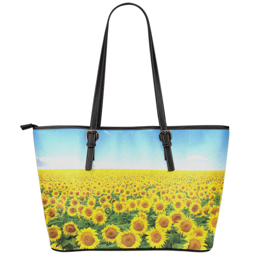 Sunflower Field Print Leather Tote Bag