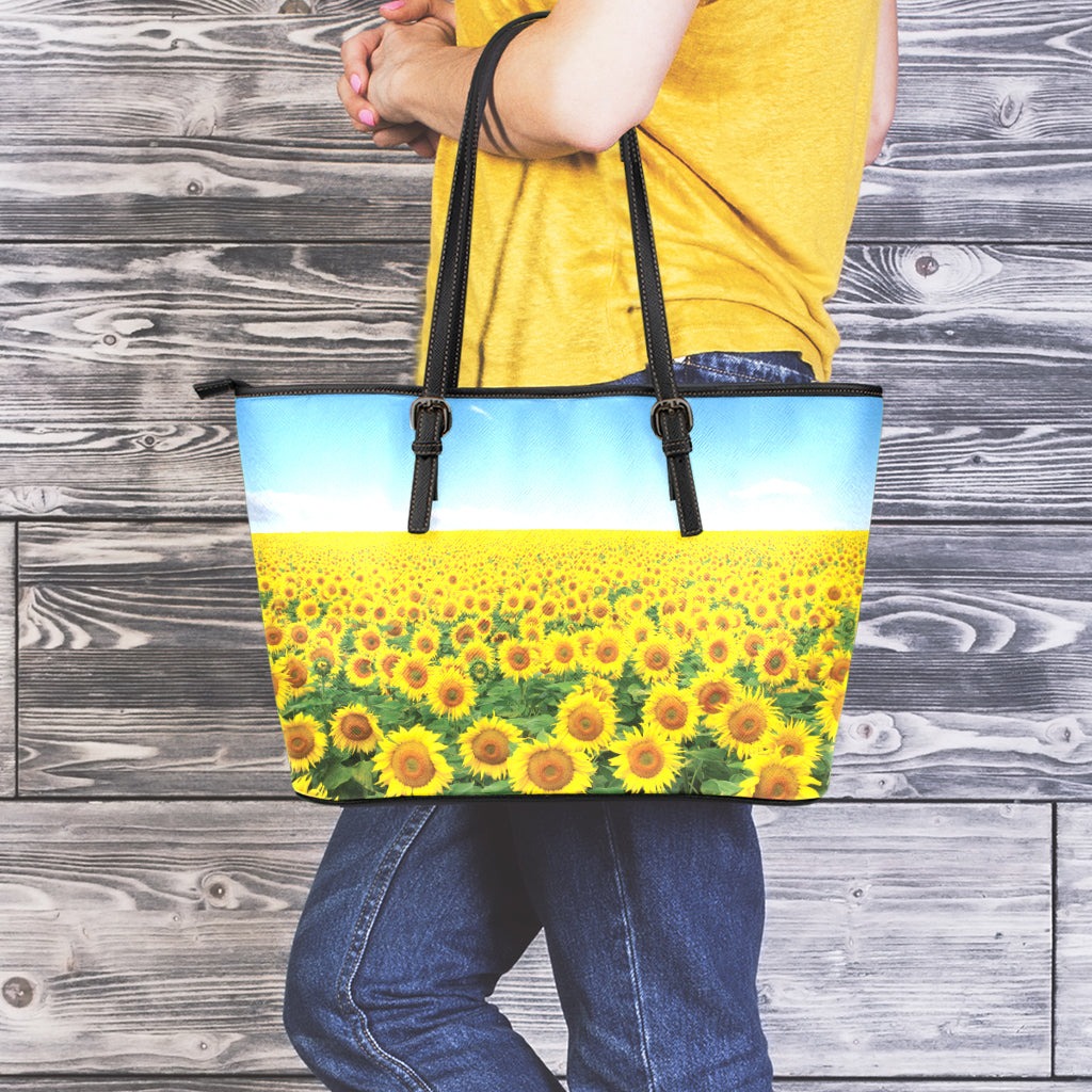 Sunflower Field Print Leather Tote Bag