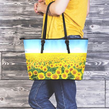 Sunflower Field Print Leather Tote Bag
